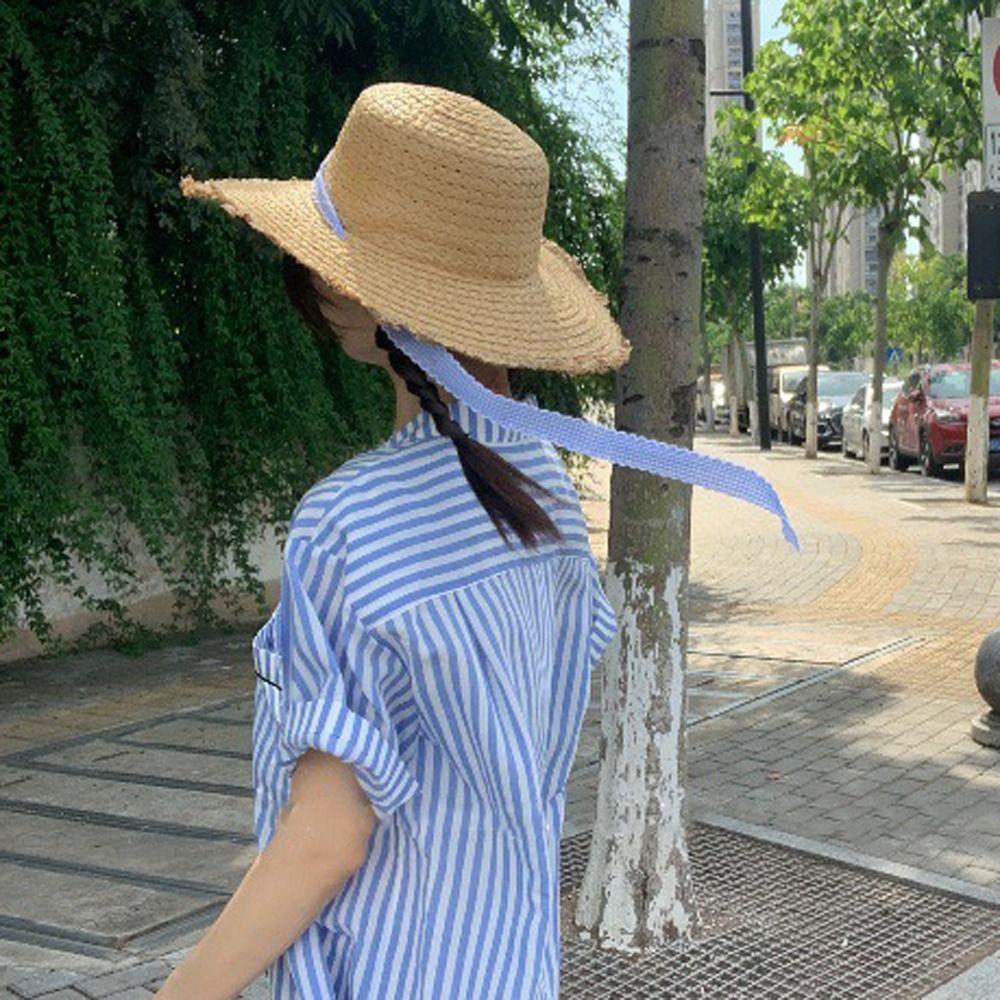 Letter Straw Weave Sun Hat Stripe Bowknot Beach Sun Cap Summer Sunscreen Bucket Hat  Summer