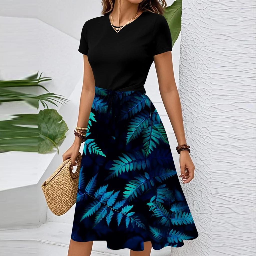 Dámské ležérní módní šaty s páskem, s květinovým potiskem, s krátkým rukávem, s kulatým výstřihem, elegantní