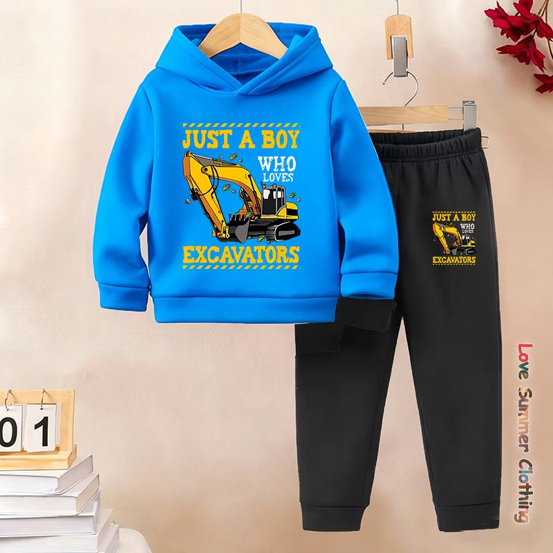 2pcs Boys Hoodie Set Motorcycle Excavator Road Car Thermal Long Sleeve Sporty Pants Hoodie Set Gift Ideal Daily Outdoor Wear