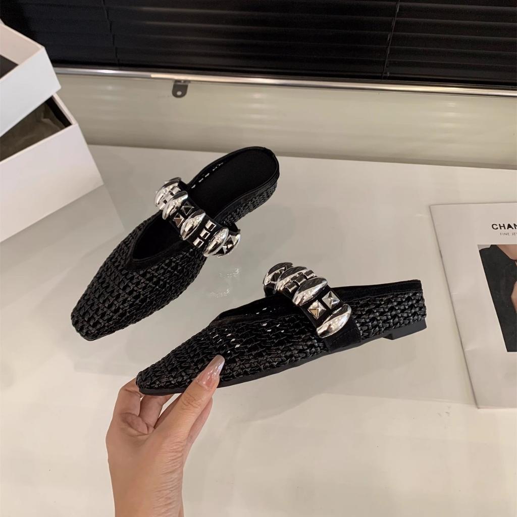 Inner height increase silver rhinestone mesh bag head half slippers women's shoes outer wear 2025 new summer Mary Jane sandals