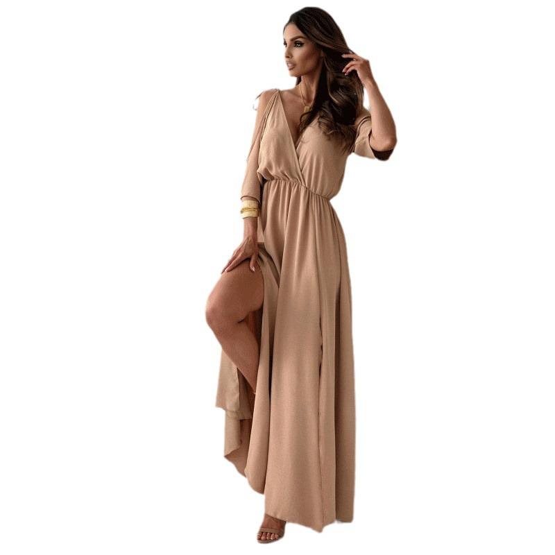 2024 Summer Women's Solid Color Lace-Up Waist Slit Dress with Hollowed-Out Design