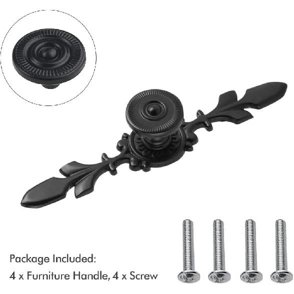 Pull Handle, Vintage Style Zinc Alloy Door Knob with Screw, Fit for Drawer Cabinet, 4-Pack (Black)