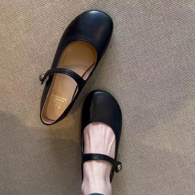 Versión de piel de vaca~ Zapatos individuales planos de verano, falda de combinación suave brisa vespertina, zapatos de cuero negro pequeños, zapatos Mary Jane franceses para mujer