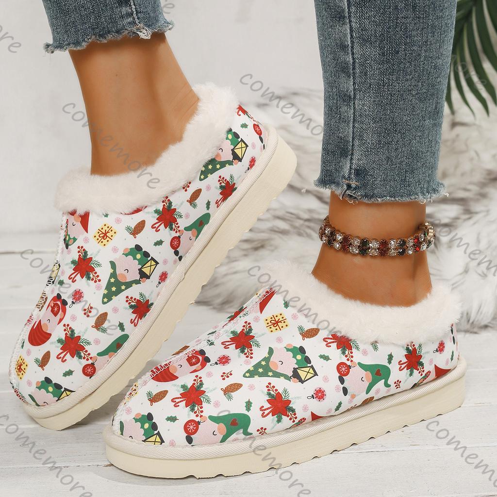 Comemore Large Size Cotton Shoes Winter New Padded Thickening Slip On Boots Casual Flat Bottom Printing Round Head Women's Shoes