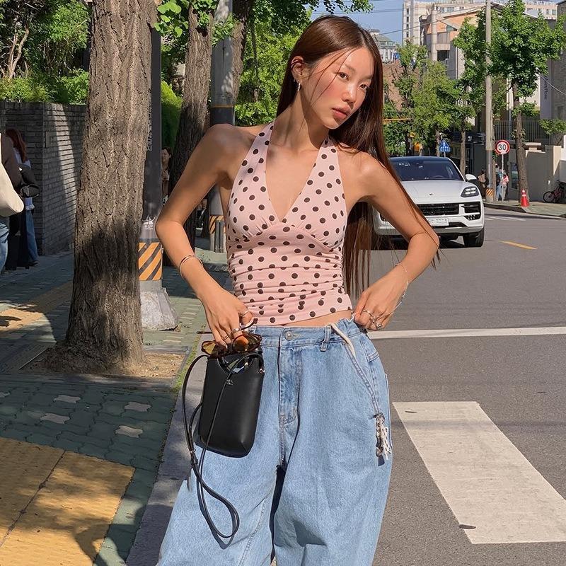 New Polka Dots Halter Neck Tank Tops Women Sexy Low-Neck Vest Slim Fit Off Shoulders Backless Short Tops Street Fashion Sexy Ruched Elegant Outfits