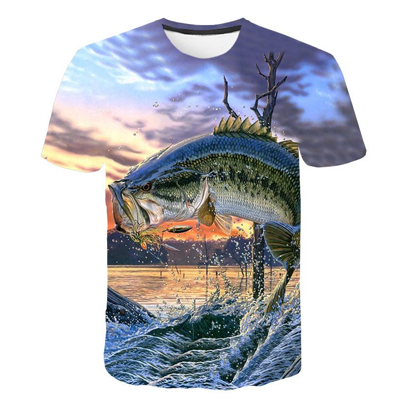 Sommar Rundhalsad 3D Roligt Fiskmönster Tryckt Topp Trendig och Avslappnad Lös Kortärmad Herr T-shirts