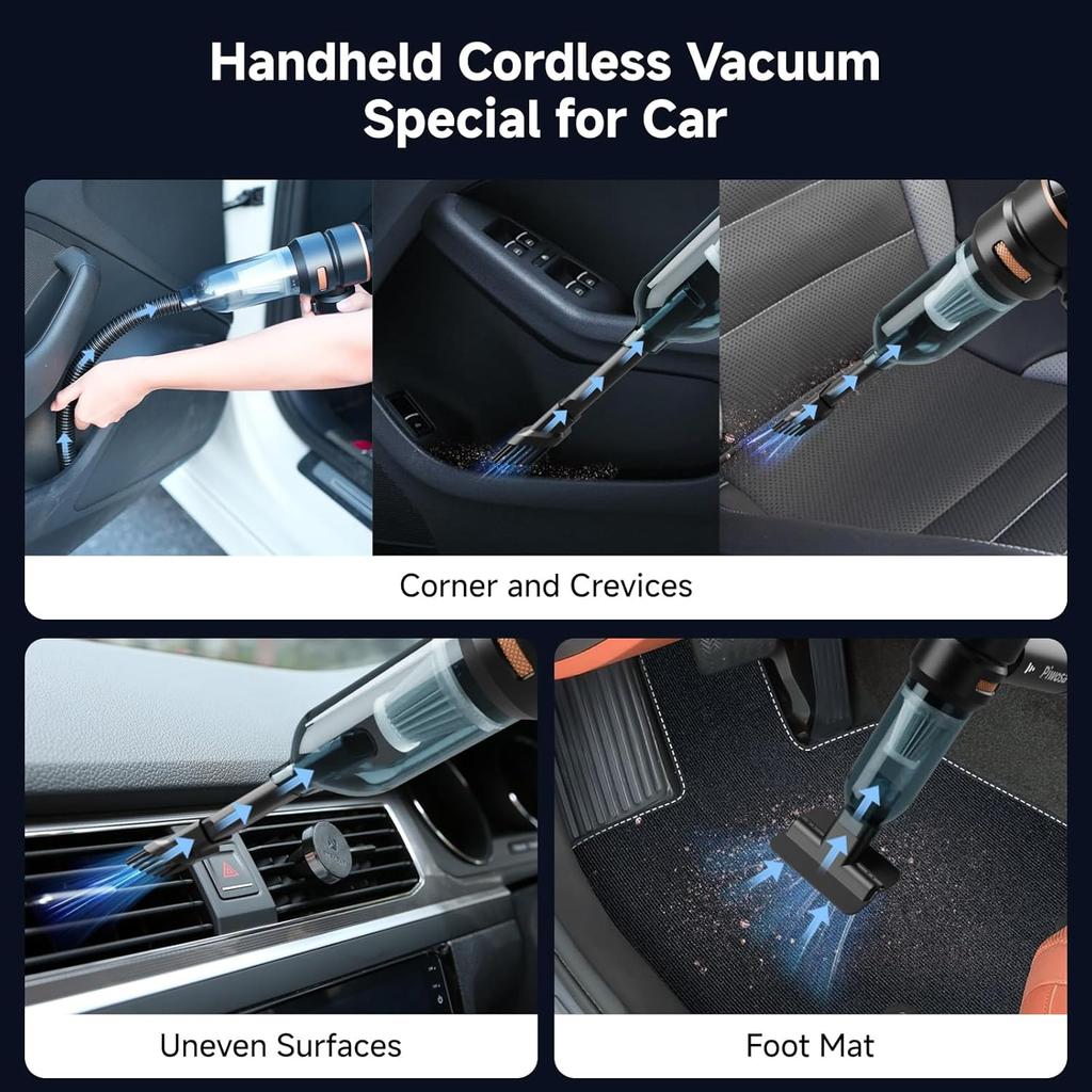 Handheld Vacuum Cordless, Car Vacuum Cleaner with Brushless Motor, Strong Suction Vacuum & Compressed Air Dusters with LED Light, Type C Port,