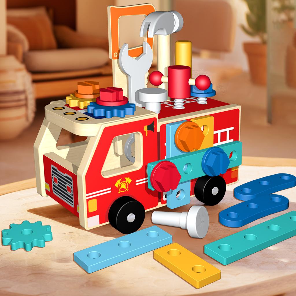 Camion dei Pompieri Montessori in Legno - Veicolo con Viti e Dadi da Smontare e Montare, Giocattolo STEM per Bambini Piccoli per Sviluppare Abilità Manuali