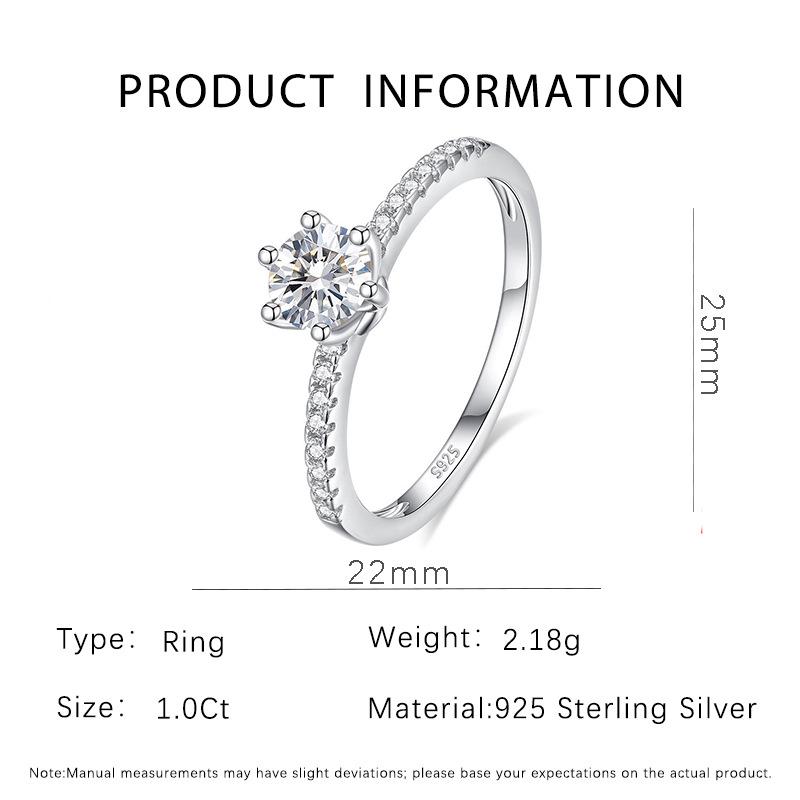 Korean Style Women's S925 Sterling Silver Six-Prong Diamond Ring, One Carat Fashionable Band