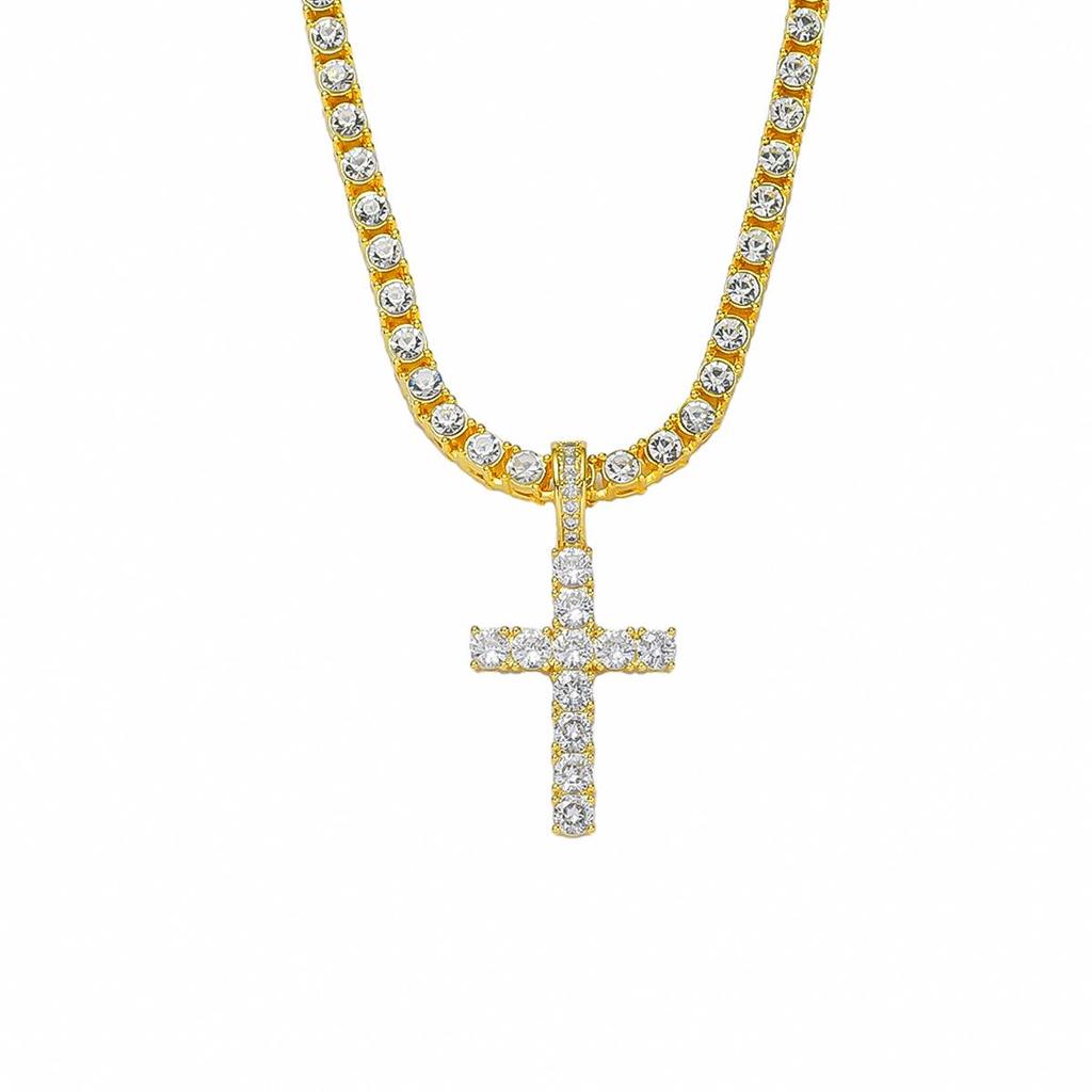 European & American Zirconia Cross Pendant Necklace with 4mm Diamond Tennis Chain - High-End Niche Design