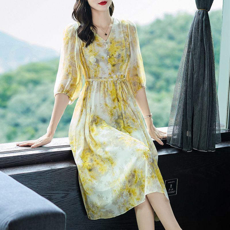 

Slimming Printed Elegant Silk Sleeve Dress Yellow S