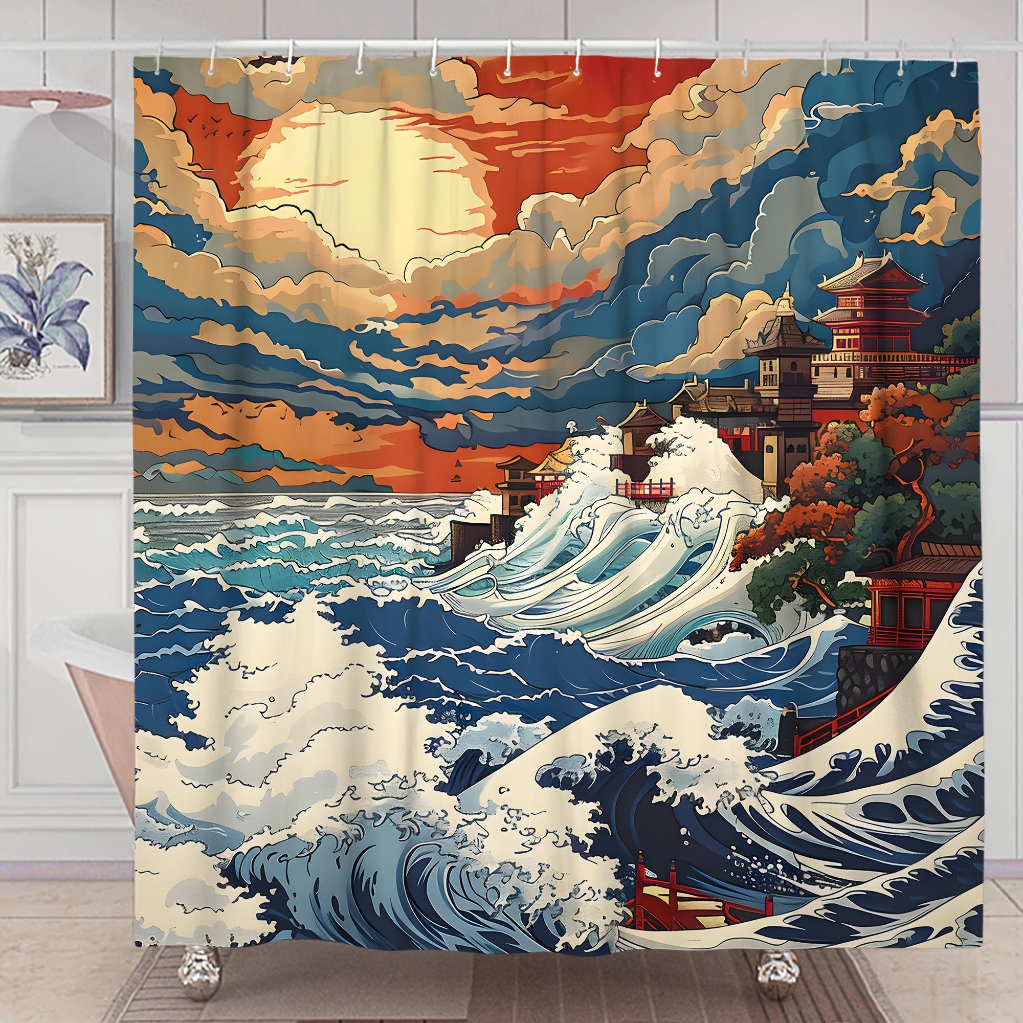 

Ocean Wave & Temple Print Waterproof Shower Curtain For Bathroom, Japanese Art Design High-End Toilet Partition Curtain W60H190(CM)-1 Pcs