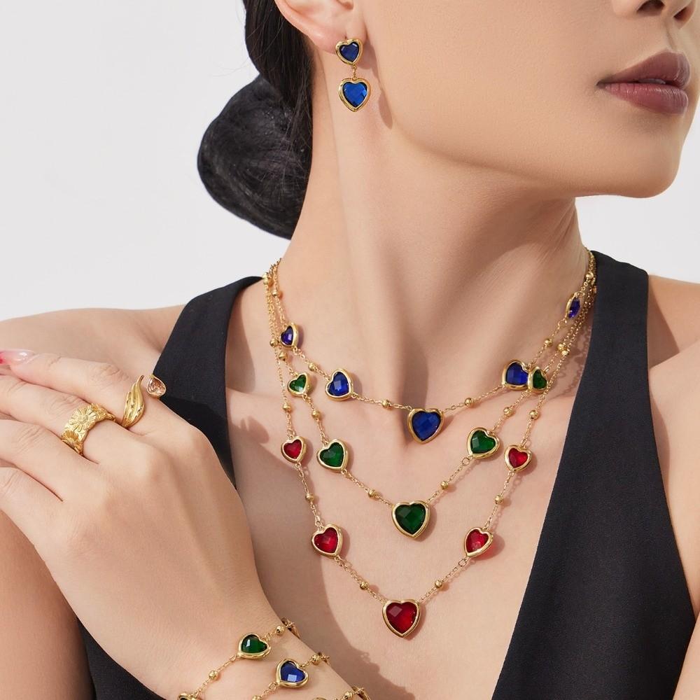 Stainless Steel Heart-shaped Jewelry Set Colorful Earrings Hand Chain Heart Glass Necklace  Gift