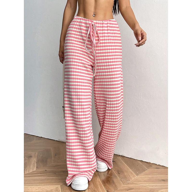 Pantalon large et décontracté à rayures pour femme, couleur unie, cordon de serrage, taille basse, droit, élégant, simple, slim, capri, 25781