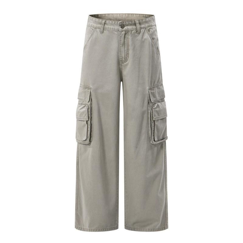 Mens Loose Straight Leg Cargo Pants Streetwear Vintage Multi-Pocket Casual Trousers