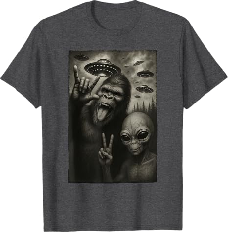 HOT SALE Fun Selfie of Bigfoot Bigfoot Hand Logo on A Stone UFO Tshirt Bigfoot and Alien Enthusiast Y2k Graphic Tshirt S