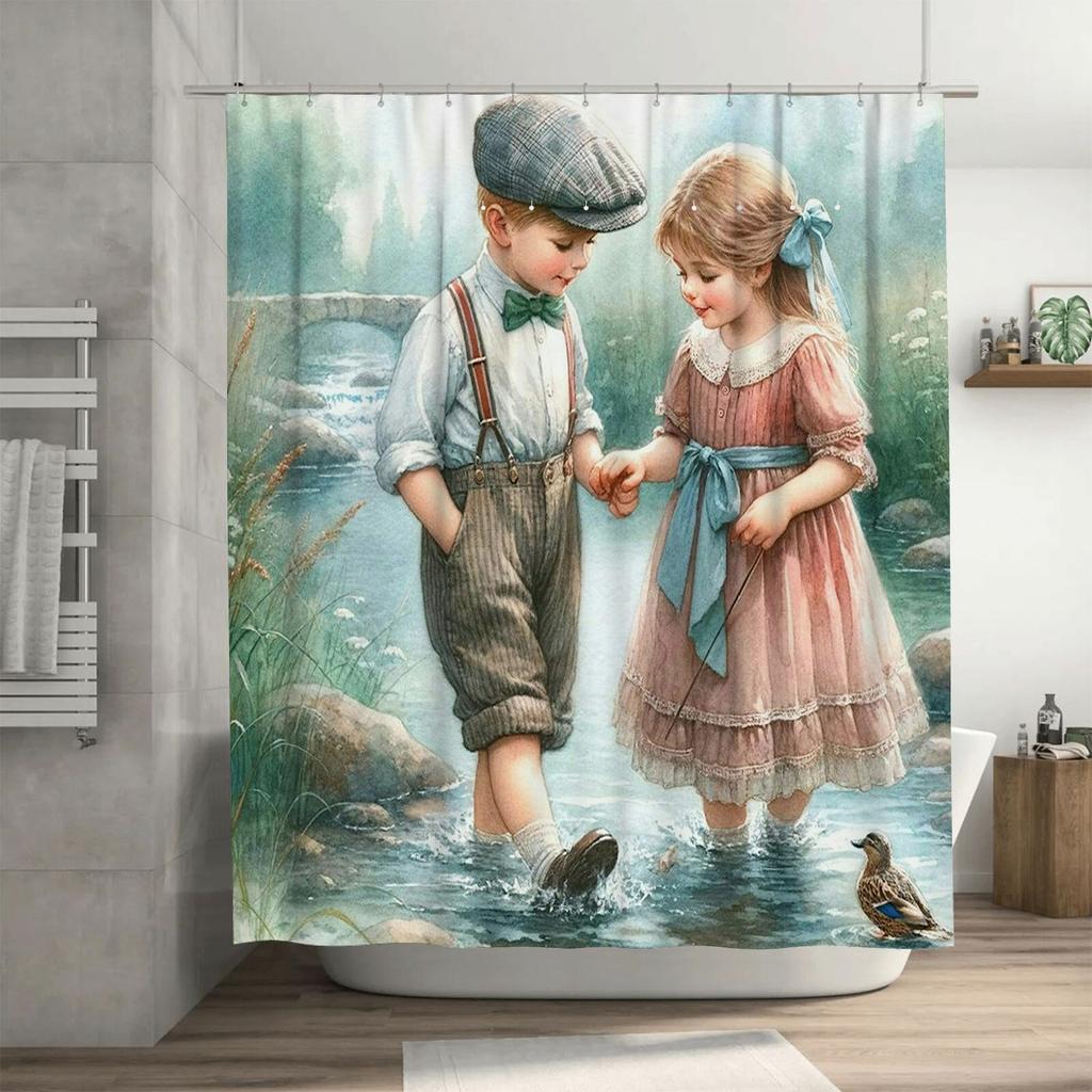 Charming Children by the River Shower Curtain | Vintage Art Bathroom Decor
