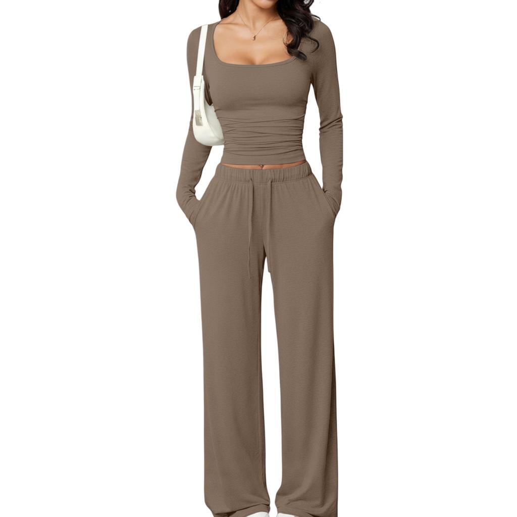 Autumn Casual Long Pants Set Square Neck Long Sleeve Short Top Women Sportswear