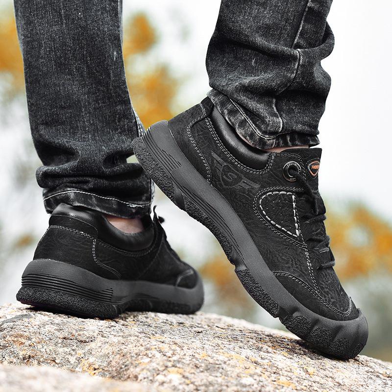 Men's Cowhide Hiking Shoes - Autumn/Winter, Soft Sole, Lace-up, Low-top, Outdoor Casual Travel Shoes