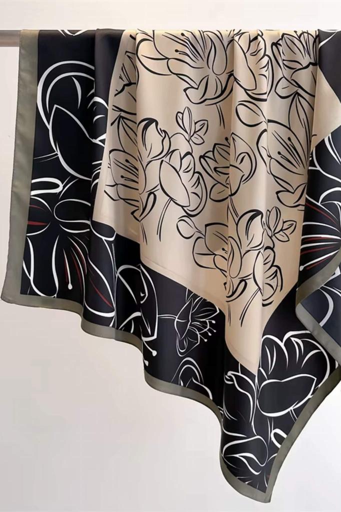 Women' Scarf Black and Beige 90X90 - Floral Line Art in an Elegant Edition