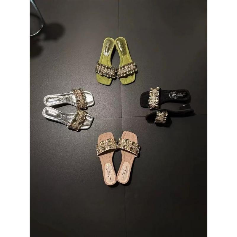 Slippers Women's Summer New Rhinestone Square Head Thick Heel Open Toe Wear Versatile High Heel Sandals