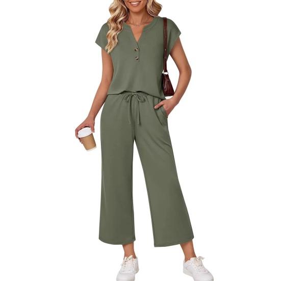 

Комплект из двух предметов для женщин, летний, повседневный, matching, домашние комплекты, топ без рукавов с V-образным вырезом, брюки с широкими штанинами, наряды для отпуска и путешествий S зелёный