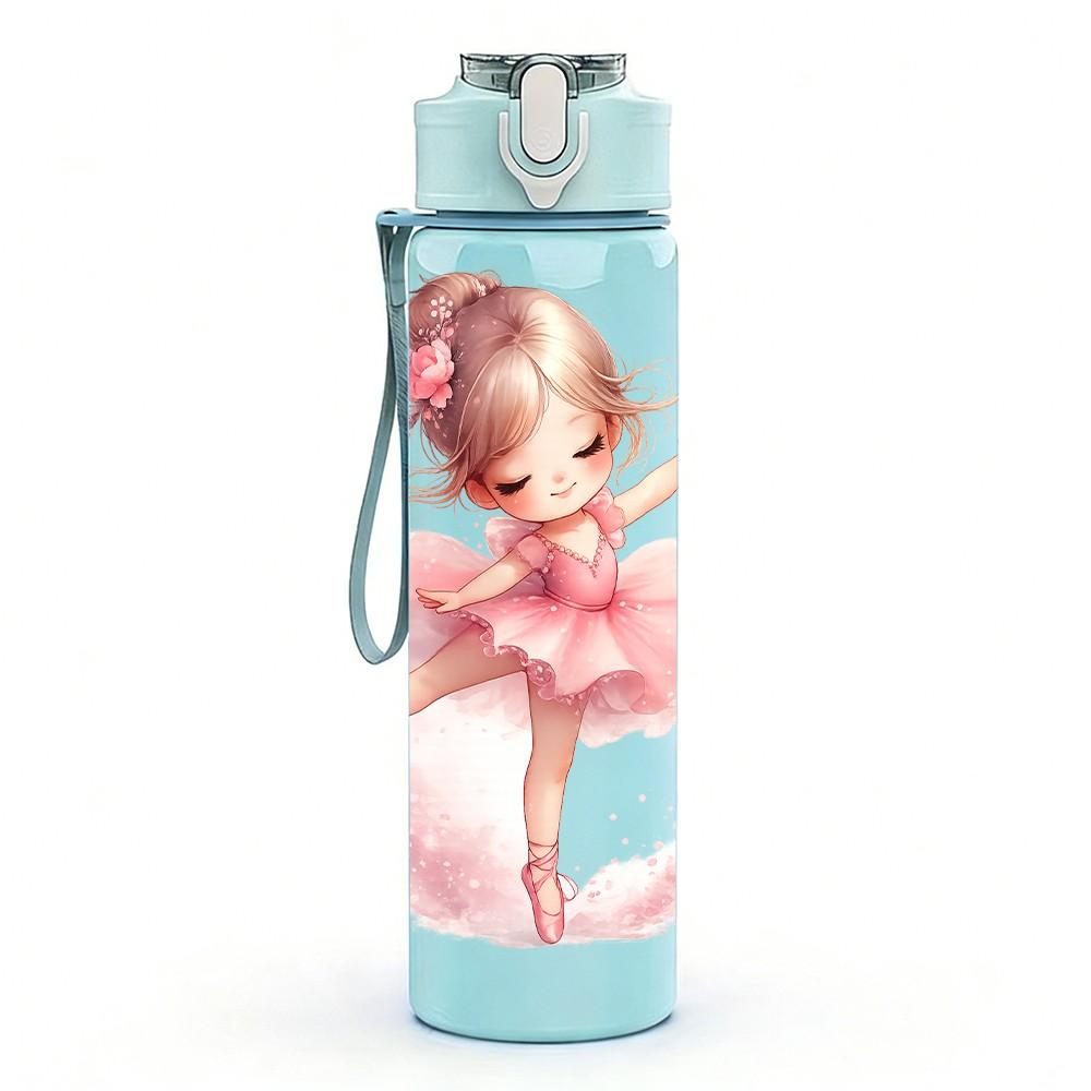 1PC Little Pink Ballerina Girl Print 750ml Color Plastic Sports Water Bottle Leakproof Flip Straw Lid Suitable for Sports Office Home Use