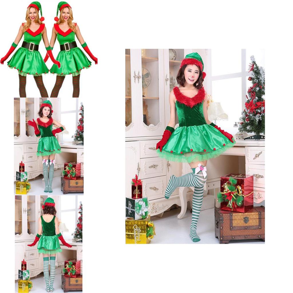Premium Quality Women's Fashion Sexy Green Christmas Cosplay Elf Costume Dress Set