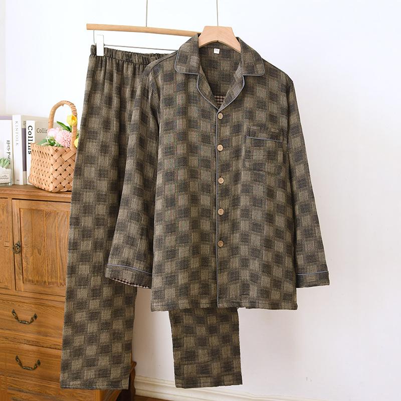 Men's Cotton Pajama Set Nightwear Long Sleeve Tops Pants Pajama Sets Soft Plaid 2 Piece Button Down Lounge Set for Men Lapel Comfortable Sleepwear