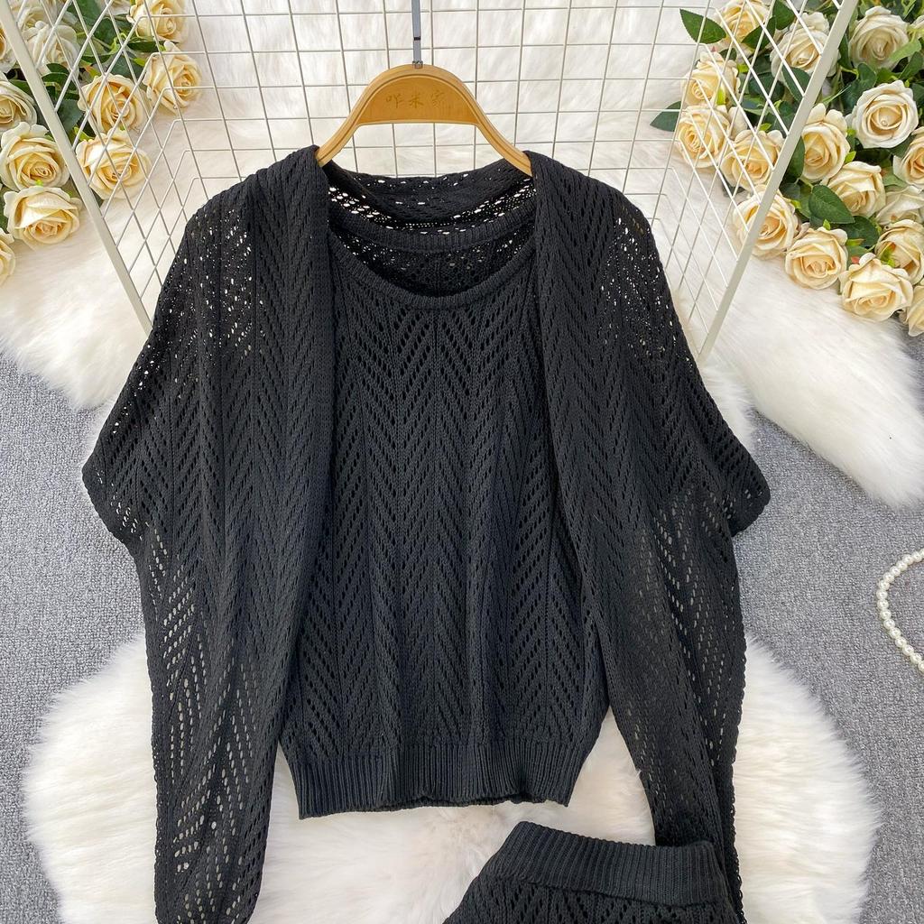 Summer Women Casual Perspective Knitted Sweater 3 Piece Set Sleeve Pullover Top Shawl and Long Midi Sheath Skirt Suit