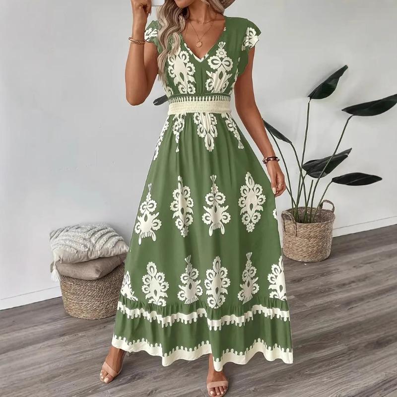 Europe, America spring and summer new women's clothing holiday wind beach skirt printed V-neck pendulum dress