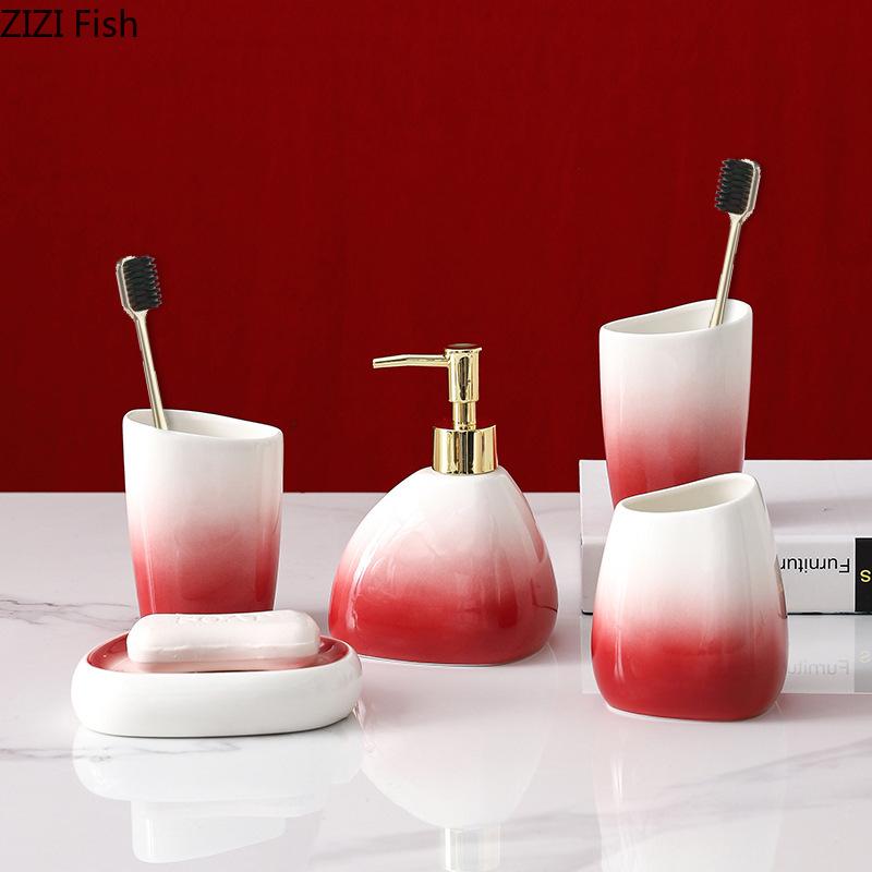 

Градієнтний червоний керамічний набір дозаторів для мила Мильниця для готелів Набір чашок для ополіскувачів рота Домашнє приладдя для ванної кімнати Набір аксесуарів Весільні подарунки