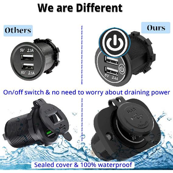 Dual USB Socket 12V Marine Outlet with Switch Golf Cart USB Port 12 Volt DC Car Charger Mount Waterproof Cigarette Lighter Power Adapter DIY Kit Fast