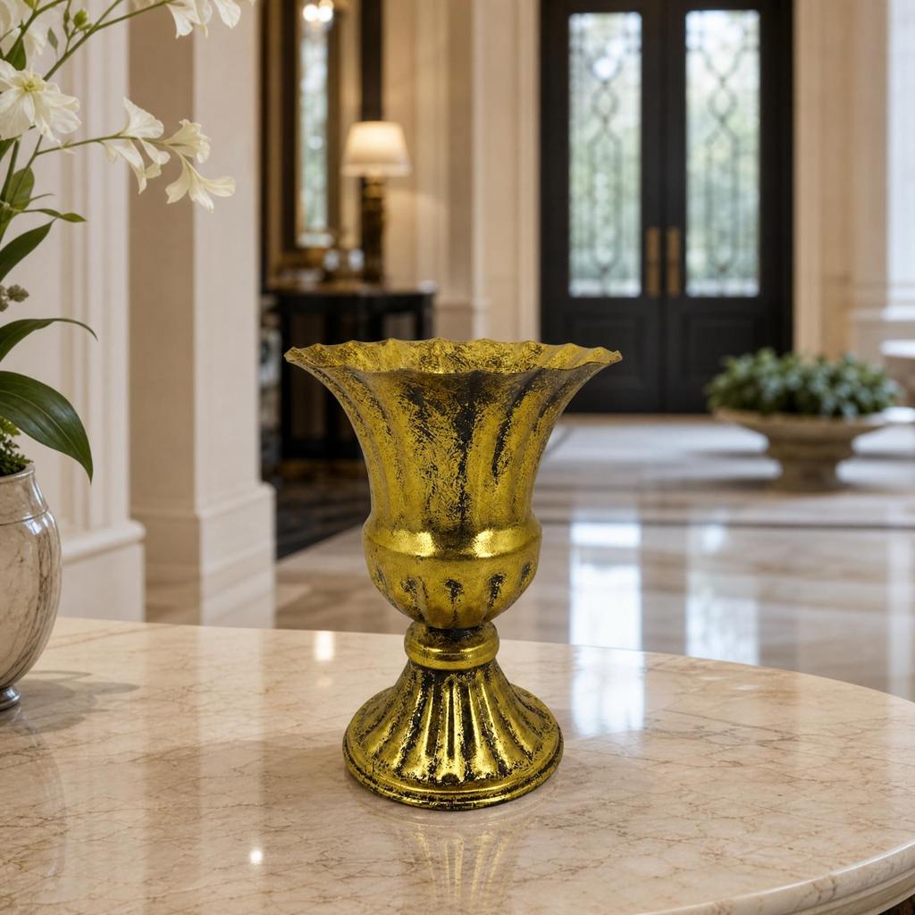 Pedestal Planter Open Top Design Ornate Metal Vase with Base for Tabletop Display, Dining