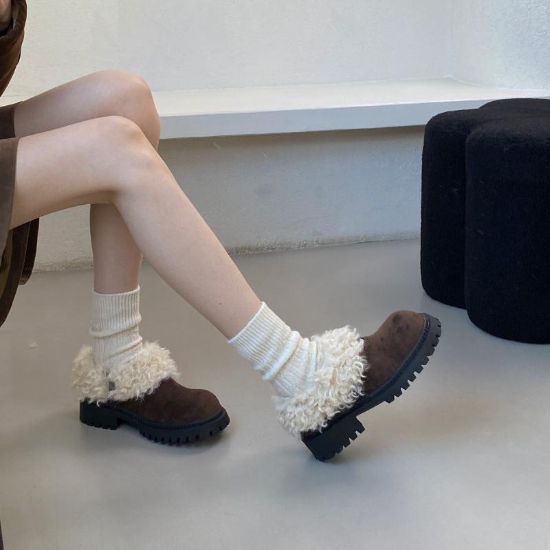 2026 New Spring Autumn Women Fur Lining Mary Jane Shoes Concise Short Plush Shoes Eelgant Dress Thick Heel Leather Pumps Shoes