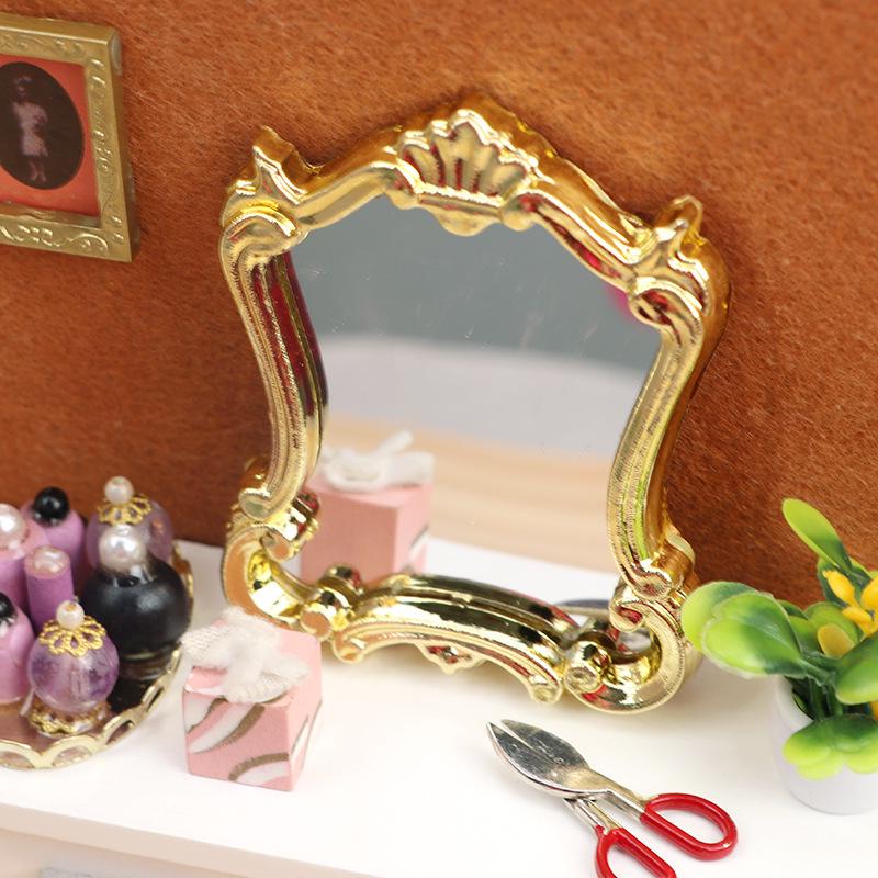 1:12 Dollhouse Miniature Gold-Trimmed Chic Mirror for Bedroom/Bathroom
