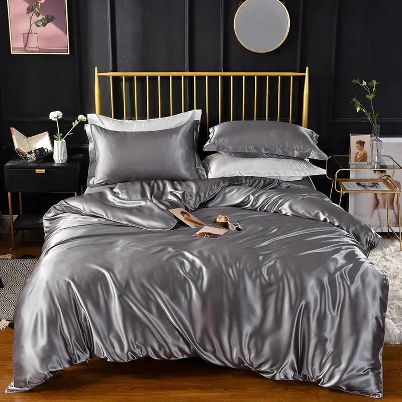 Hochwertiges Fleckenschutz-Bettwäsche-Set Doppelbett Imitation Seide Luxus-Bettwäsche-Set Queen Bequeme Seidige Deckenhülle Bettdeckenbezug-Set