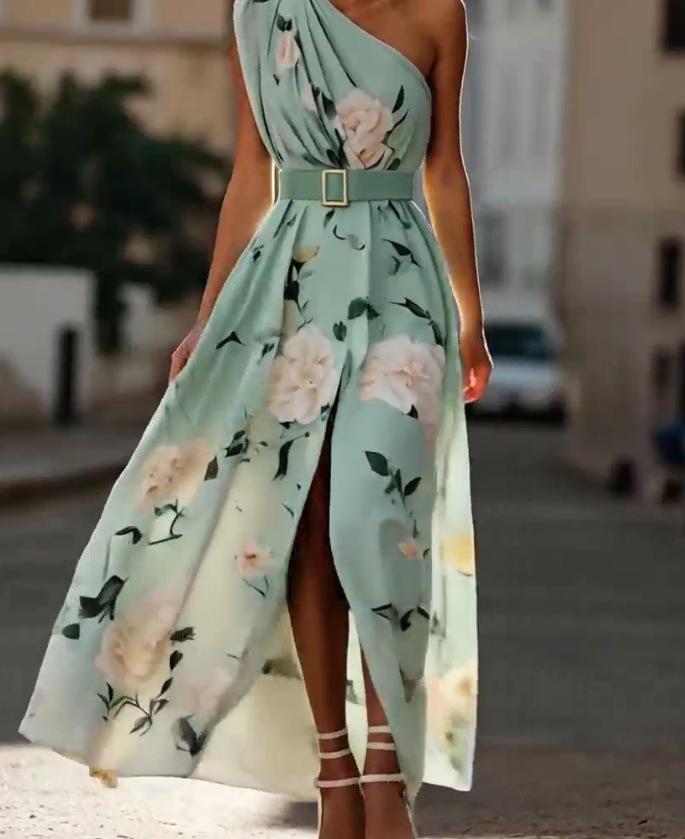 2026 European and American women s clothing slanted shoulder digital printing sleeveless vest, belt, dress, long dress S
