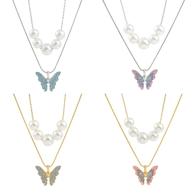 Gold Silver Chain Women for Butterfly Pearl Necklace Double Choker Chains Jewelry Girl Fashion Butterflies Pendant Gift