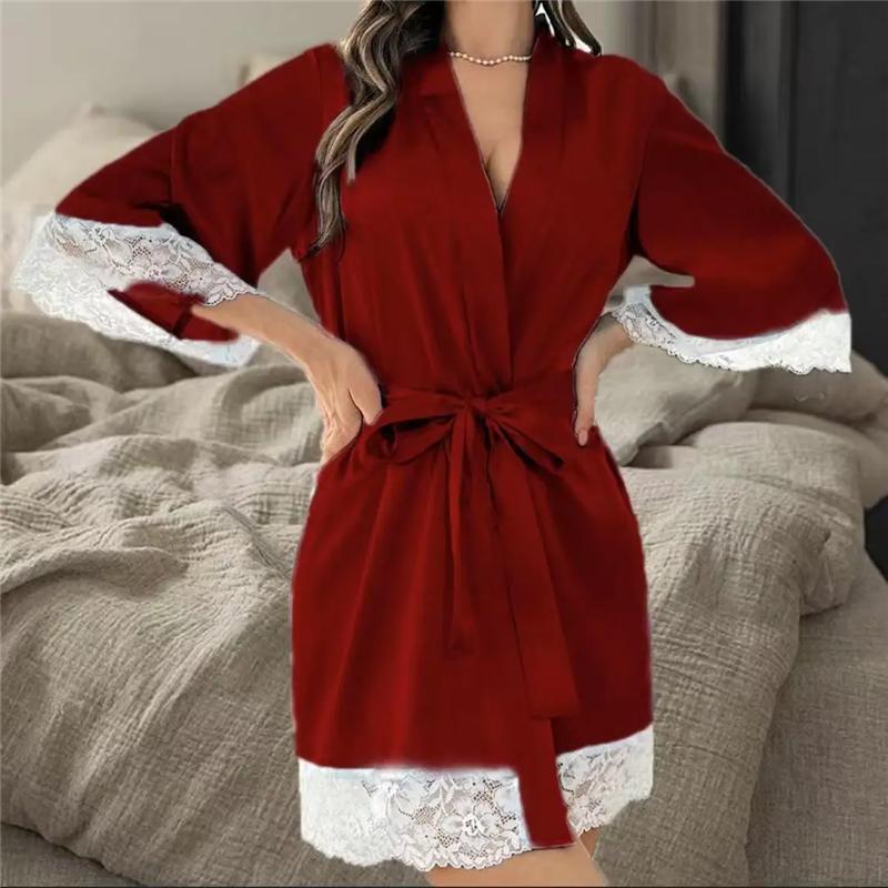 Ladies Elegant Satin Robe Lace Trim Kimono Short Sleepwear Nightgown V Neck Belted Bridal Loungewear Bridesmaid Gift