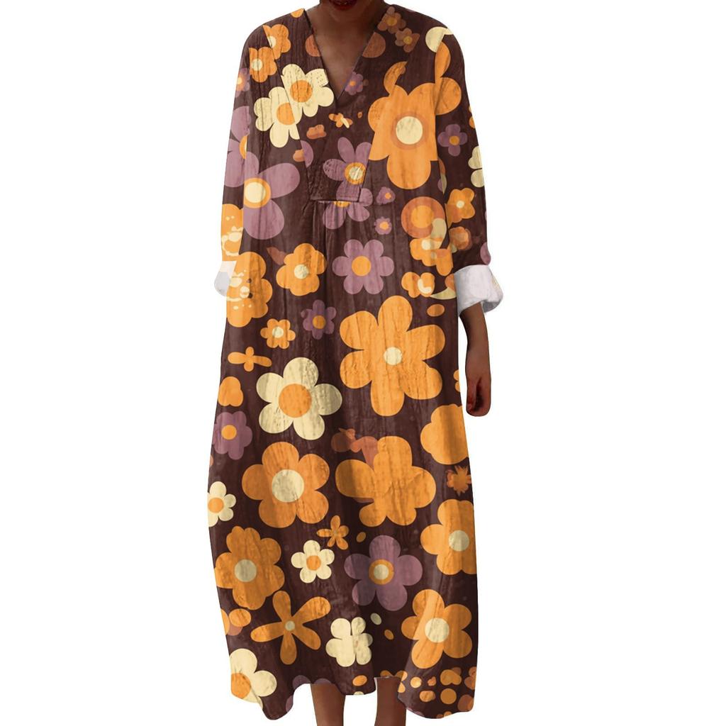 Women's Casual And Fashionable V-Veck Flower Print Long Sleeved Dress Long Sleeved Dress