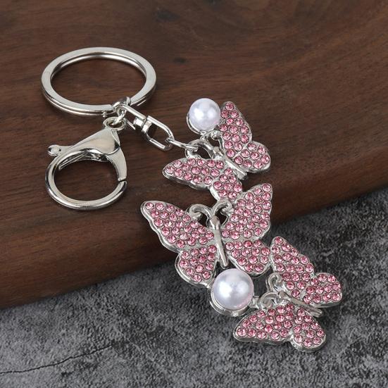 Keychain Pendant Rhinestones Inlaid Imitation Pearls Butterfly Charm Key Holder Car Bag Charm Small Accessory