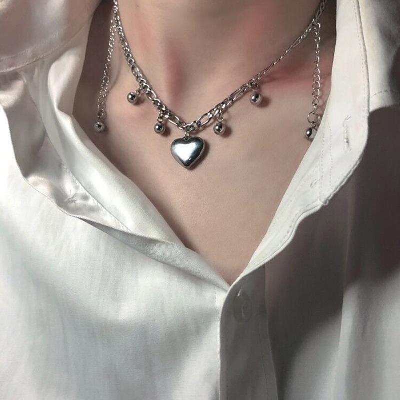 Punk Tassel Heart Pendant Necklace for Women Girls Gothic Sweet Cool Coarse Clavicle Chains Y2k Accessories Jewelry