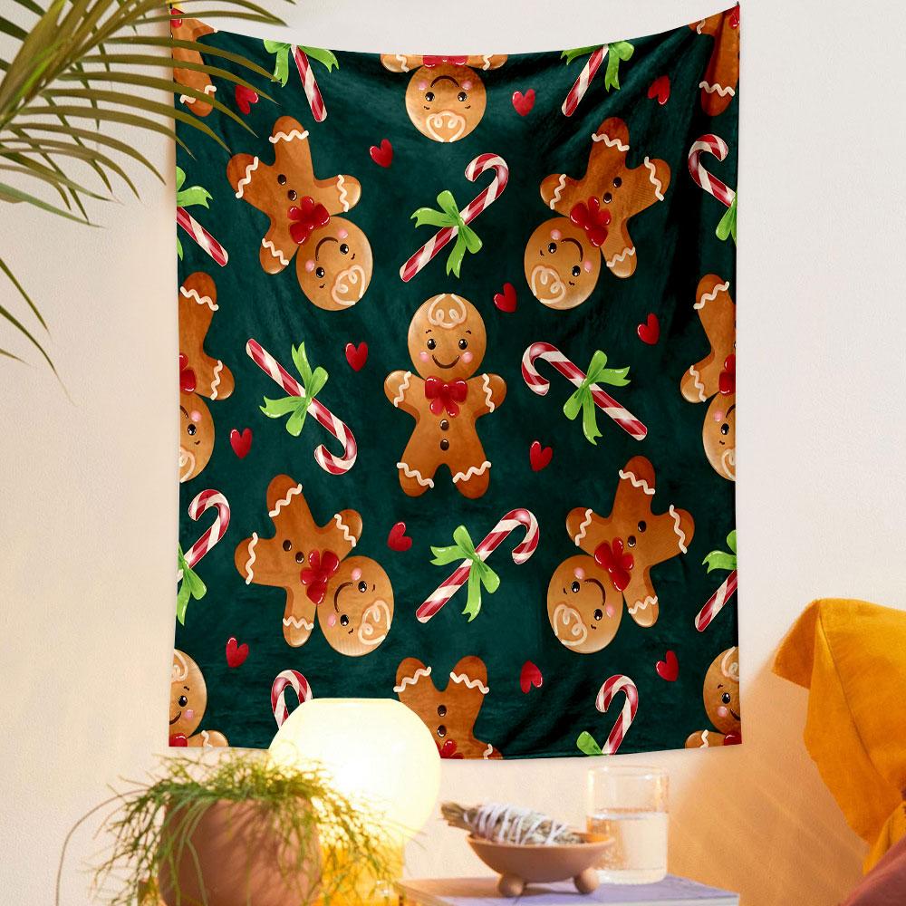 Gingerbread Men and Candy Canes Pattern Patterned Tapestry Decorative Wall Hanging, Home Bedroom Living Room Decor