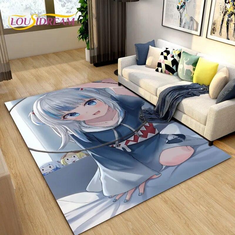 Cute Anime Gawr Gura Hololive Shark Area Rug,Carpet Rug for Living Room Bedroom Sofa Doormat Decoration, Kids Non-slip Floor Mat