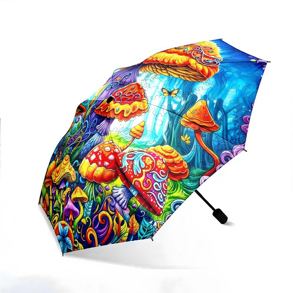 Automatic Folding Umbrella with Magical Forest Mushroom & Design - 8-Rib Self-Opening/ Closing, Collapsible Portable Umbrella