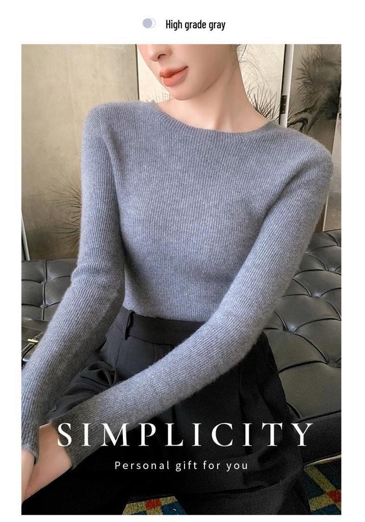 Women's Slim Fit Seamless Wool Base Layer Top - Elegant Ribbed Solid Color