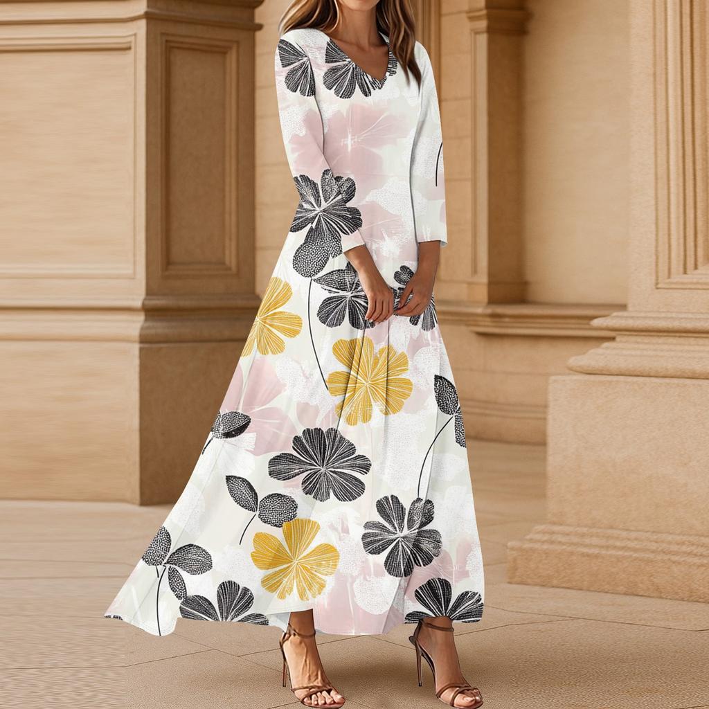 Women's Casual 3/4 Sleeve V-Neck Floral Print Maxi A-Line Beach Dress