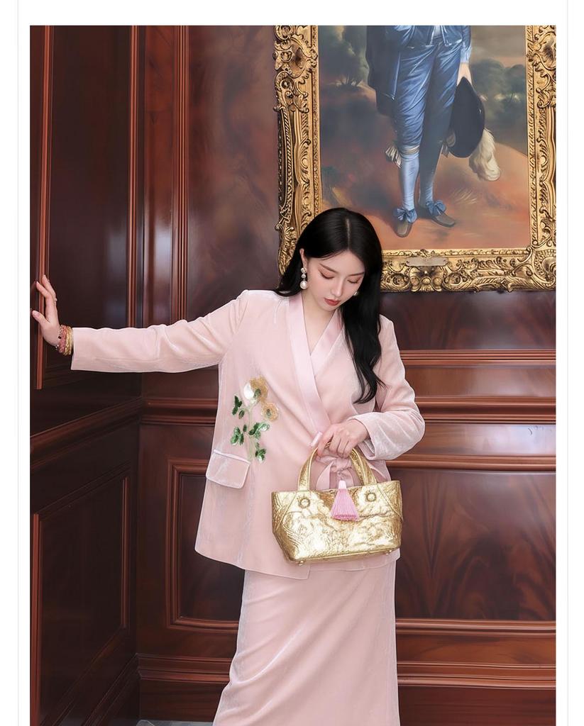 Spring 2026 Guofeng-Style Beaded Suit Jacket & Skirt Set for Women