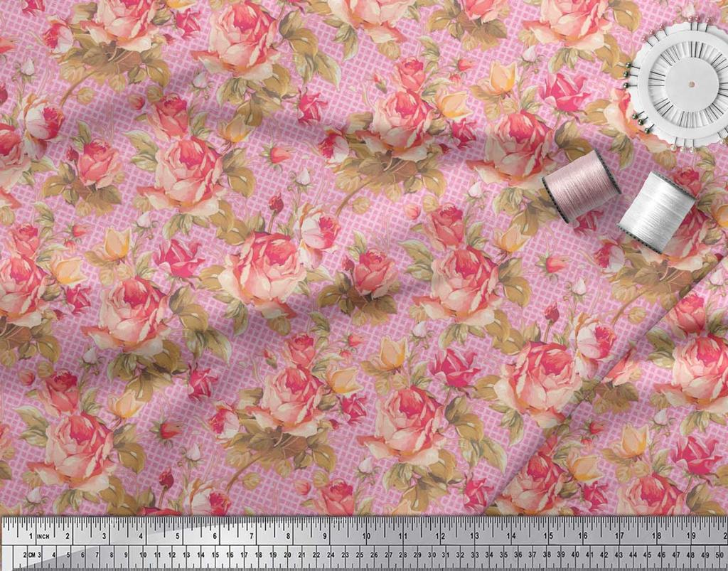 Soimoi Japan Crepe Satin Stoff Sjekk, Blader & Rose Blomstertrykk Sy Stoff meter 42 tommer